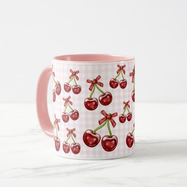 Girly Coquette Pink Gingham Red Cherry Mug (Front Left)