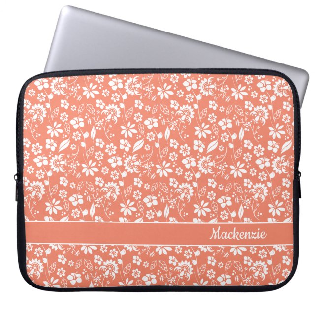 Girly Coral Peach Tropical Flowers Monogram Laptop Sleeve (Front)