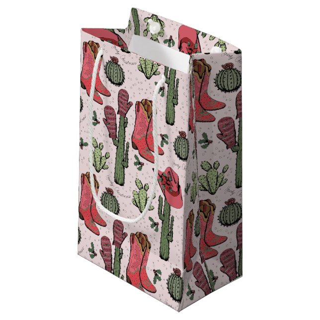 Girly Country Cowgirl Christmas Pink and Green Small Gift Bag (Front Angled)