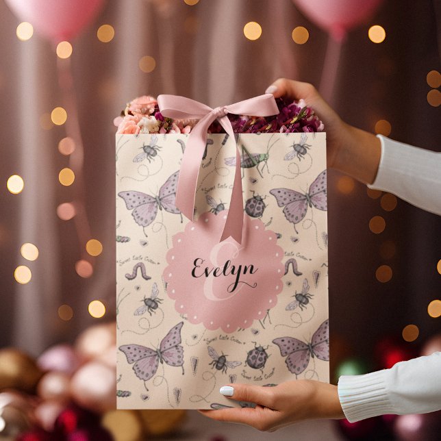 Girly Cream Blush Pink Sweet Little Critter Custom Medium Gift Bag (Custom Name & Monogram hand-drawn girly insects. Ideal for Baby Showers, Birthdays, New Baby, Favors)