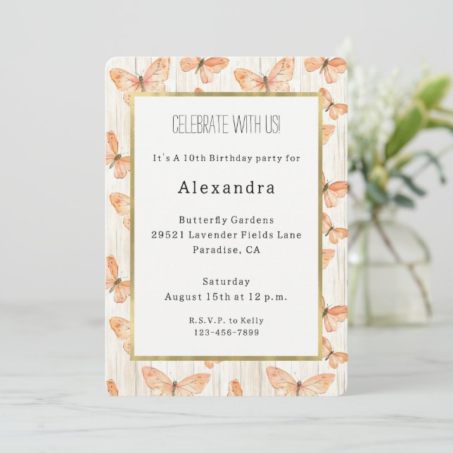 Girly Cream Peach Butterflies Birthday Invitation (Standing Front)