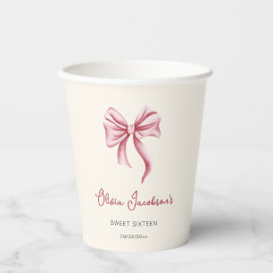 Girly Cream Pink Bow Sweet Sixteen Birthday Paper Cups
