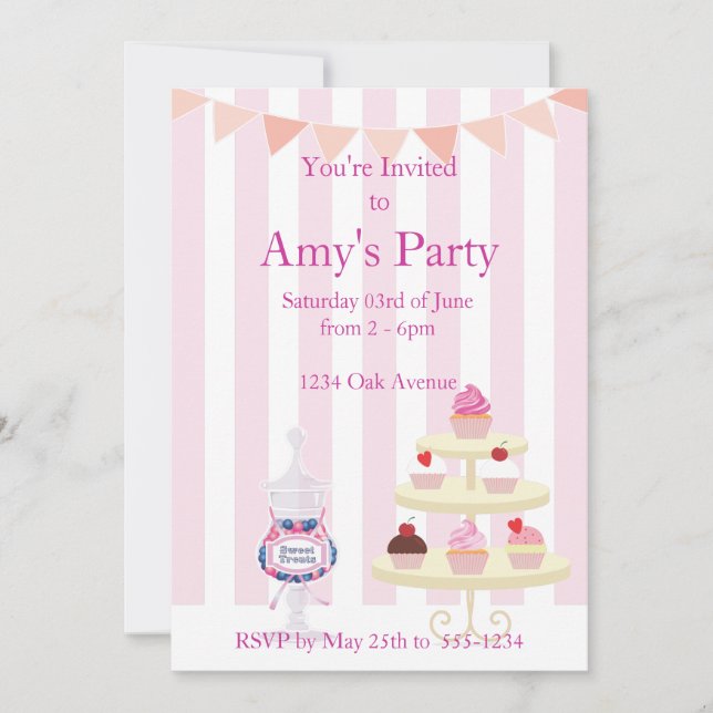 Girly Cupcakes and Candy Jar Birthday Invitation (Front)