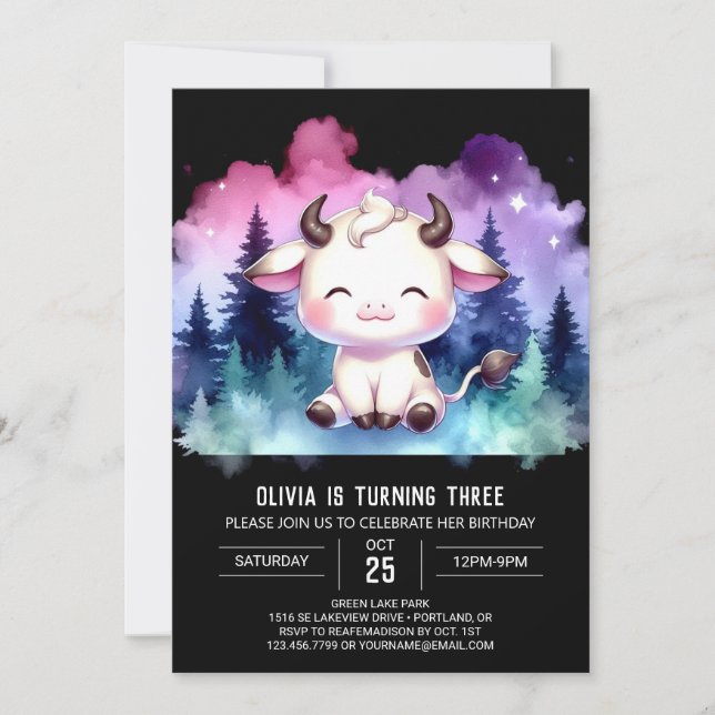  Girly Custom Cow Birthday Invitation (Front)