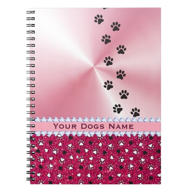 Girly Customised Dog Paw Print & Glitter Notebook (Front)