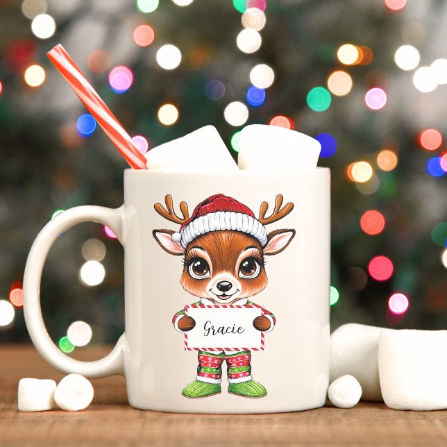 Girly Cute Baby Reindeer Mug (Christmas reindeer mug with personalized sign.)