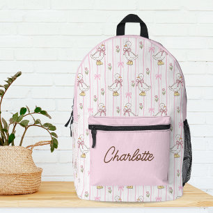 Girly Cute Coquette Goose with Pink Bow Monogram Printed Backpack