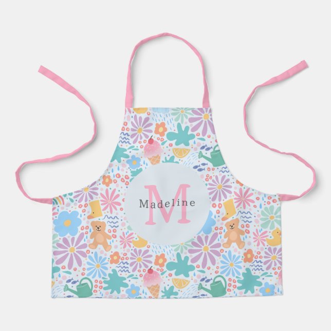 Girly Cute Floral Pink Rainbow Monogram Apron (Front)