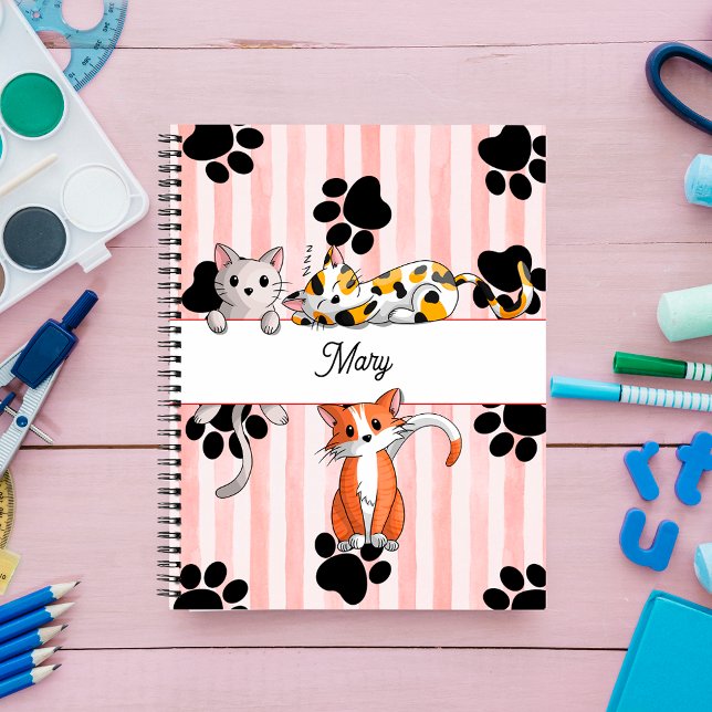 Girly cute Kittens & paws, red striped spiral Notebook (Creator Uploaded)