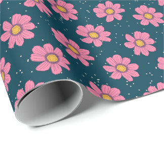 Girly Cute Modern Blue Pink Floral Flowers Wrapping Paper