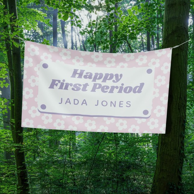 Girly Cute Pastel Pink Flowers First Period Party  Banner (In Situ in forest)