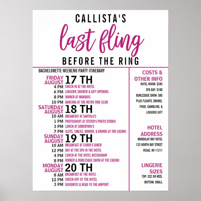 Girly Cute Pink Black Bachelorette Party Itinerary Poster (Front)