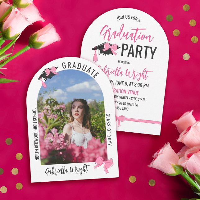 Girly Cute Pink Bows Arch Graduation Celebration Invitation (Creator Uploaded)