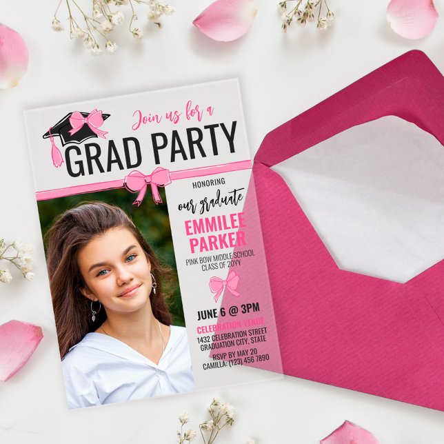 Girly Cute Pink Bows Photo Graduation Celebration Acrylic Invitations (Creator Uploaded)