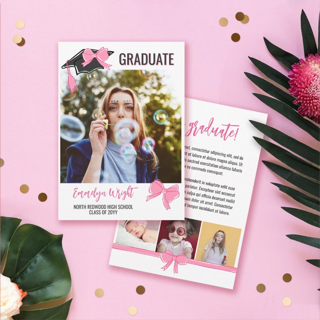 Girly Cute Pink Bows Photos Graduation Announcement (Creator Uploaded)