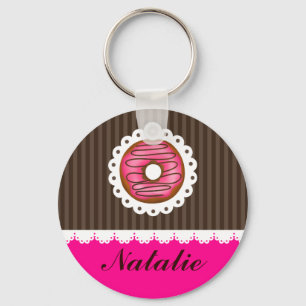 Girly Cute Pink & Brown Doughnut Personalised Name Key Ring