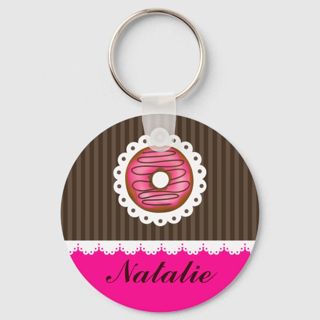 Girly Cute Pink & Brown Doughnut Personalised Name Key Ring (Front)