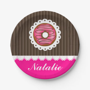 Girly Cute Pink & Brown Doughnut Personalised Name Paper Plate