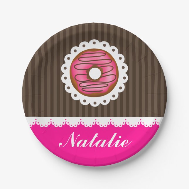 Girly Cute Pink & Brown Doughnut Personalised Name Paper Plate (Front)