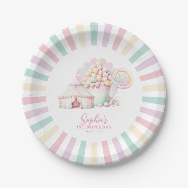Girly Cute Pink Carnival Circus Kids Birthday Paper Plate (Front)