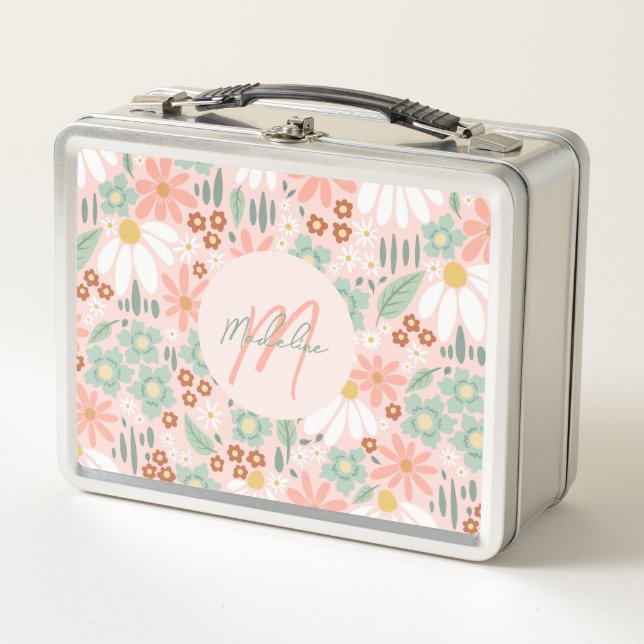 Girly Cute Pink Daisy Wildflower Monogram Kids Metal Lunch Box (Front)