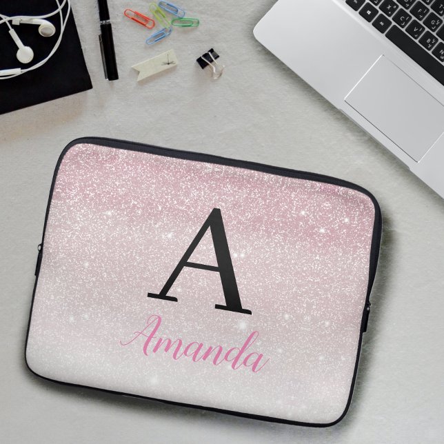 Girly Cute Pink Glitter Monogram Name + Initial Laptop Sleeve (Creator Uploaded)