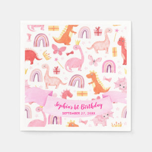 Girly Cute Pink Ribbon Baby Dinosaur Kids Birthday Napkin