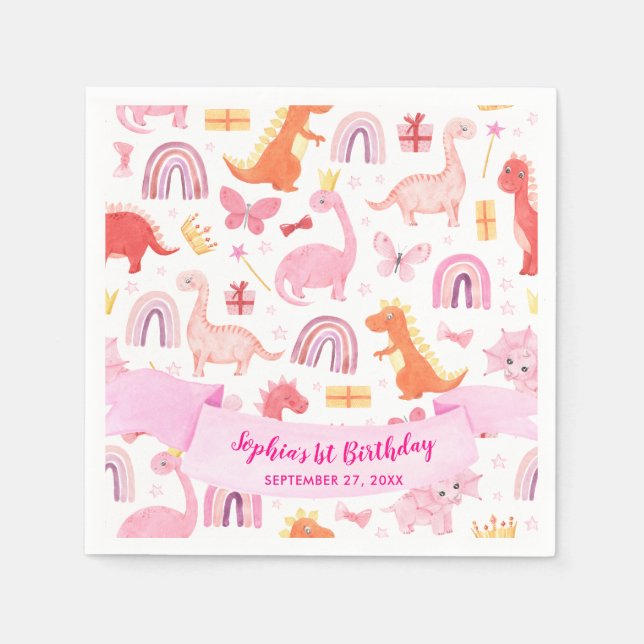 Girly Cute Pink Ribbon Baby Dinosaur Kids Birthday Napkin (Front)