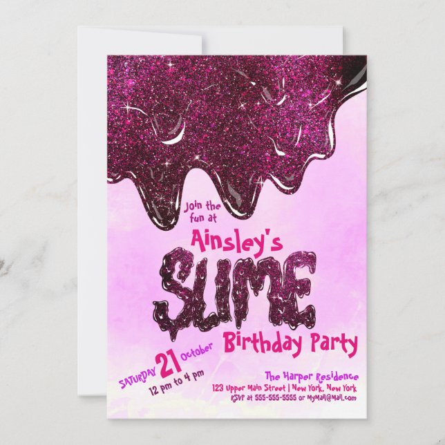 Girly Cute Pink Sparkly Glitter Slime Birthday Invitation (Front)