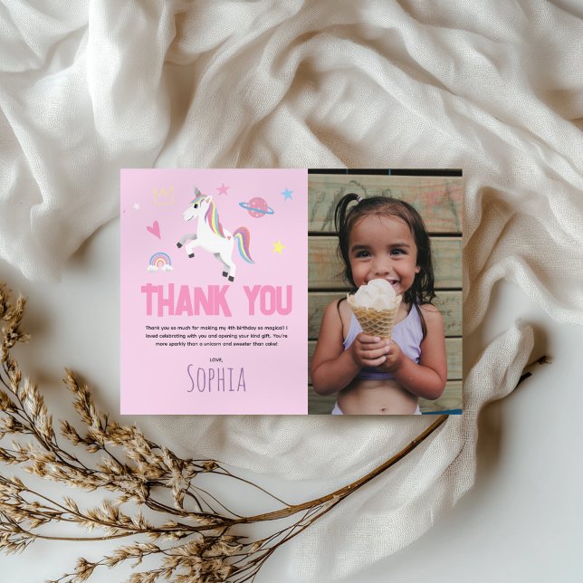 Girly Cute Pink Unicorn Kids Birthday Thank You Card (Creator Uploaded)