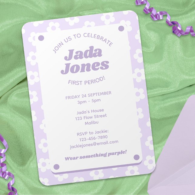 Girly Cute Purple Flowers First Period Party  Invitation (In Situ)