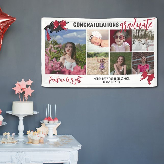 Girly Cute Red Bows 7 Photos Congrats Graduate Banner (Creator Uploaded)