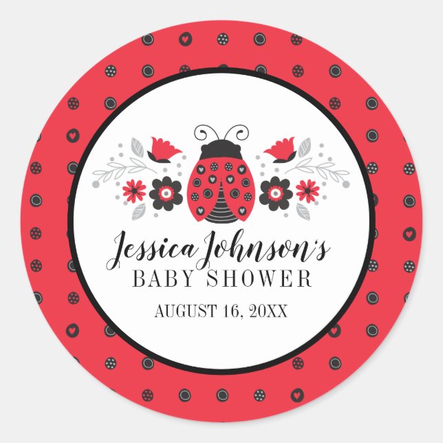 Girly Cute Red Ladybug Baby Shower Classic Round Sticker (Front)
