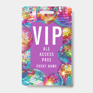 Girly Cute VIP All Access Pass QR Code Disco Ball ID Badge