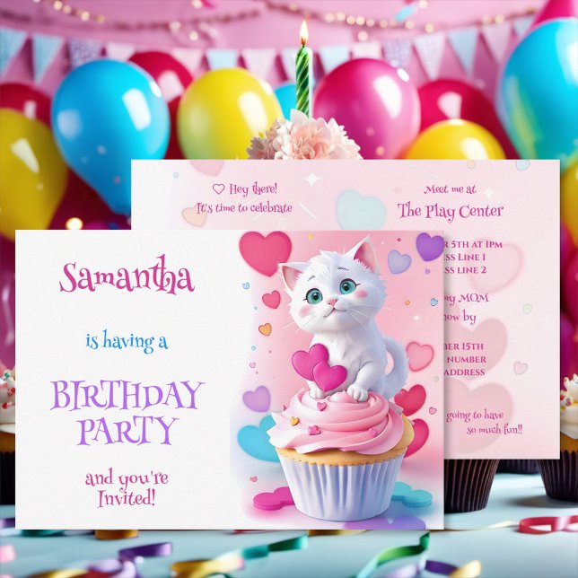 Girly Cute White Kitten and Cupcake Birthday Party Invitation (Creator Uploaded)