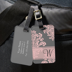 Girly Damask Monogram Luggage Tag