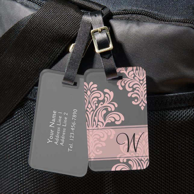 Girly Damask Monogram Luggage Tag (Creator Uploaded)