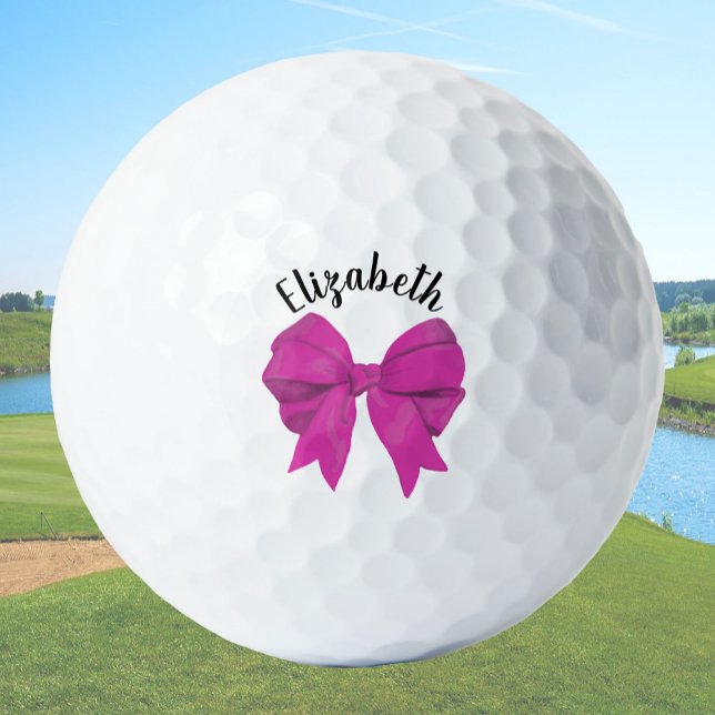 Girly Dark Pink Bow Lady Golfer Custom Name Golf Balls (Creator Uploaded)