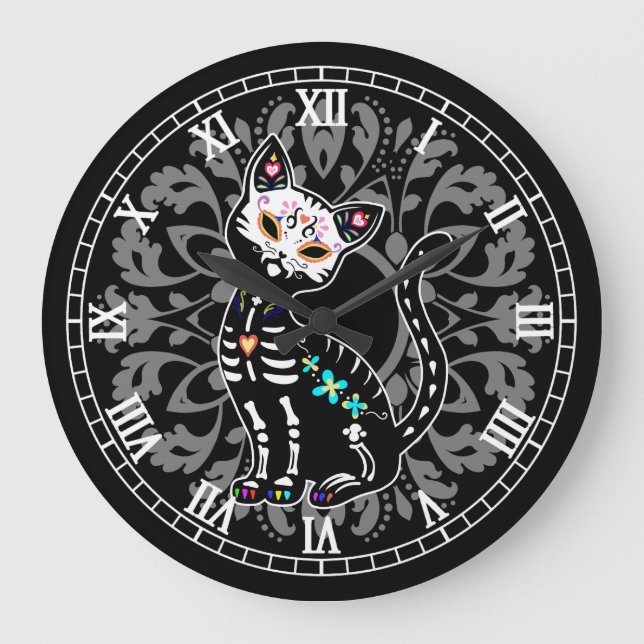 Girly Day of the Dead cute cat and grey damask Large Clock (Front)