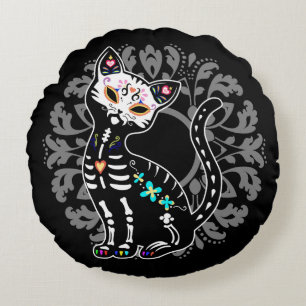 Girly Day of the Dead cute cat custom monogram Round Cushion