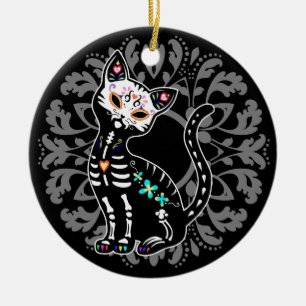 Girly Day of the Dead cute cat custom personalised Ceramic Tree Decoration