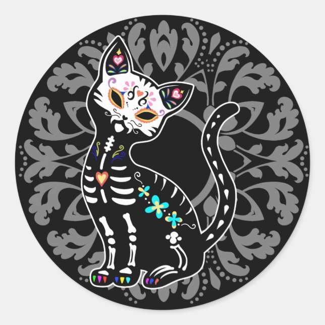 Girly Day of the Dead cute cat custom personalised Classic Round Sticker (Front)