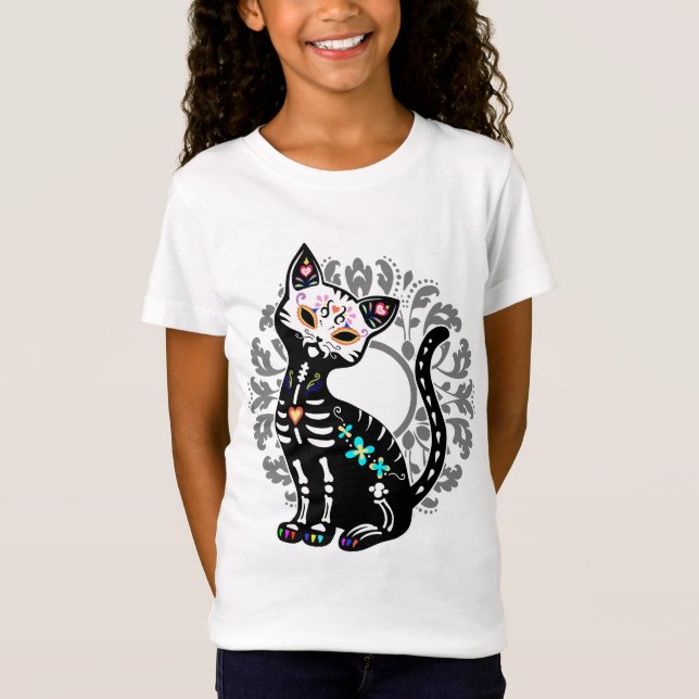 Girly Day of the Dead cute cat custom T-Shirt (Front)