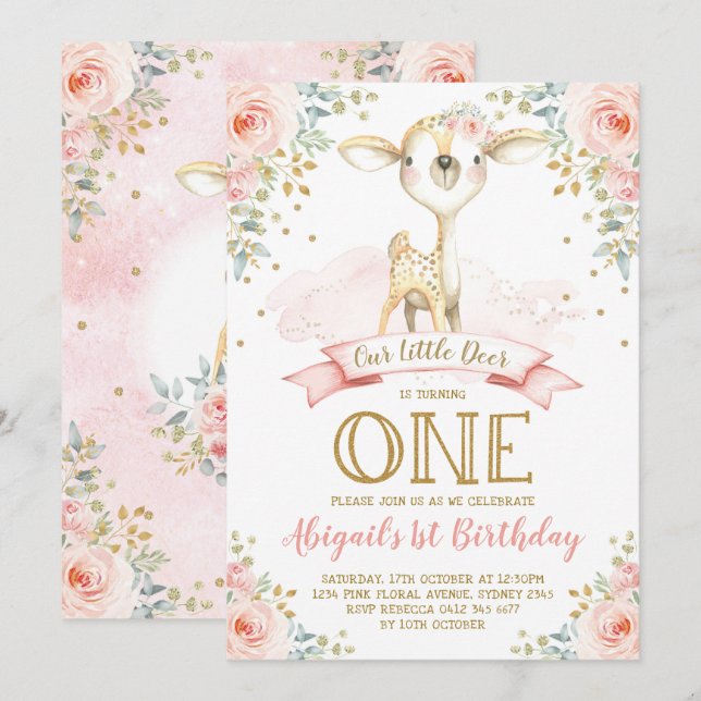 Girly Deer 1st Birthday Blush Gold Floral Woodland Invitation (Front/Back)