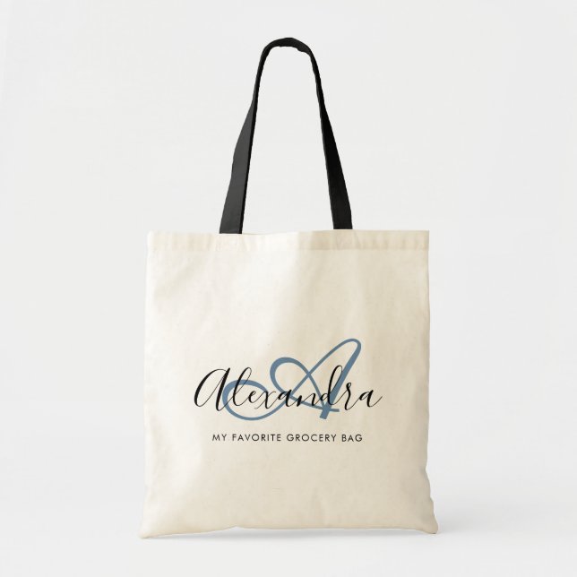 Girly Denim Blue Elegant Script Name Monogram   Tote Bag (Front)