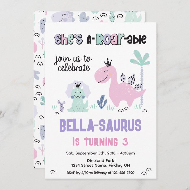 Girly Dinosaur A-Roar-able Birthday Party Any Age Invitation (Front/Back)