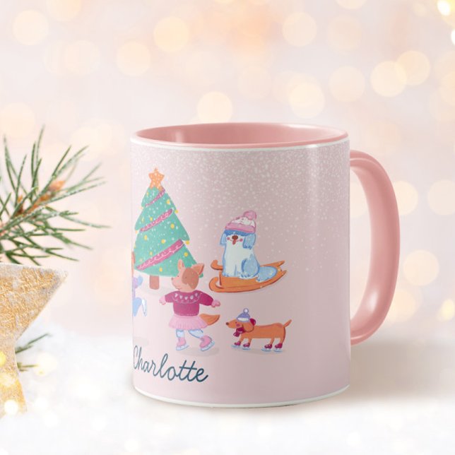 Girly Dogs Ice Skating Blush Pink Christmas Name Mug (Creator Uploaded)