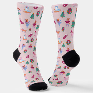 Girly Dogs Ice Skating Xmas Pattern Blush Pink Socks