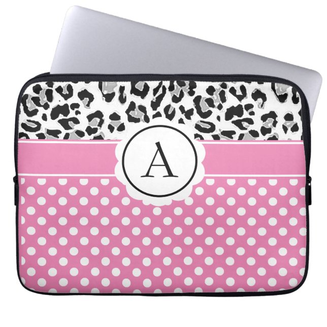 Girly dots and animals print monogram laptop sleeve (Front)