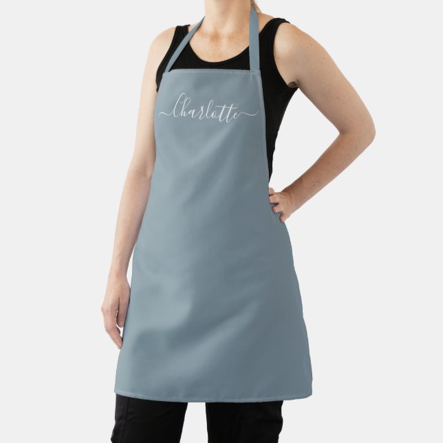 Girly dusty blue custom script name monogram chic apron (Insitu)